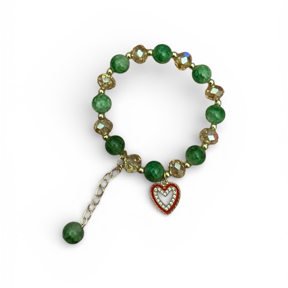Green Glass Beaded Bracelet with Heart Pendant - Picture 2 of 2